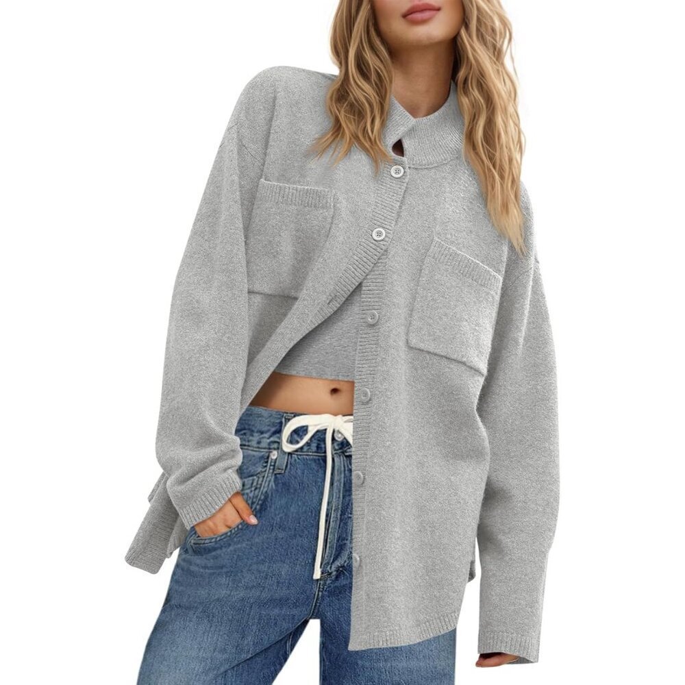 Women's Knit Cardigan Oversized Collared Button Down Fall Jacket Casual